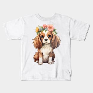 Watercolor Cavalier King Charles Spaniel Dog with Head Wreath Kids T-Shirt